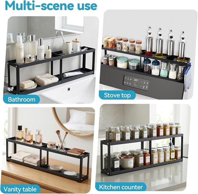 OTraki 2 Tier Strong Magnetic Oven Shelf 30 Inch Length Spice Rack | Over The Stove Shelf with 2 Anti-Slip Mats Seasoning & 4 Hooks Kitchen Spice Storage Organizer Black - Image 9