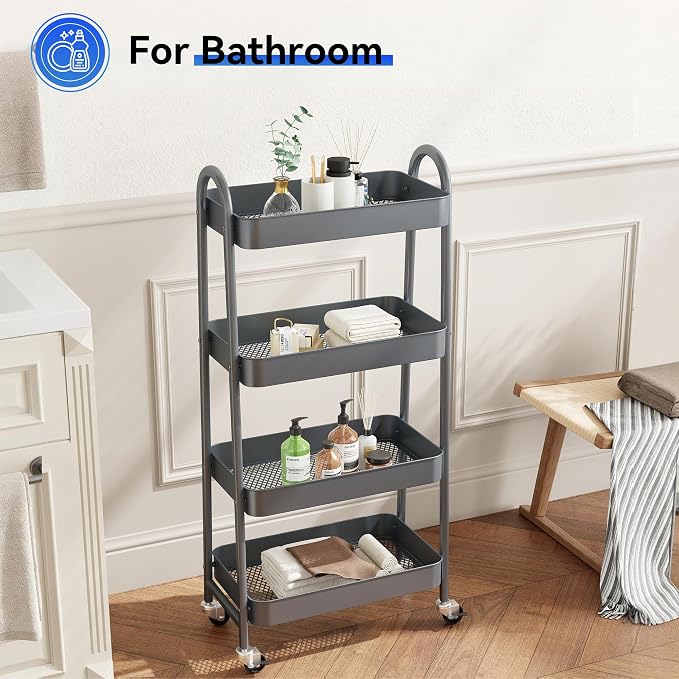 NEWBULIG 4-Tier Metal Rolling Storage Utility Cart with Lockable Wheels | Mobile Organizer Shelf, Space-Saving, Freestanding, Bathroom, Living Room, Slim, Narrow Corner Spaces, Grey - Image 5