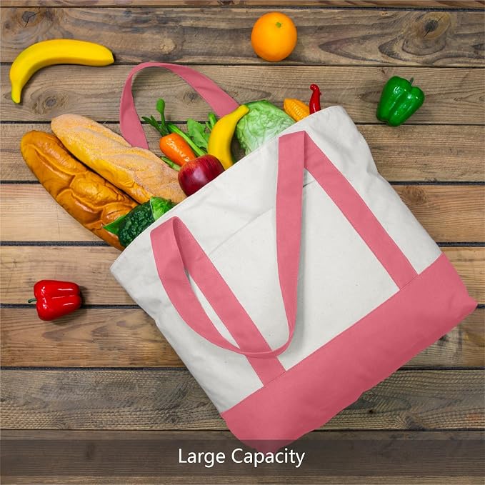 TOPDesign 6-Pack Canvas Tote Bags with an External Pocket, Reusable Grocery Shopping Bags, Top Zipper Closure, Daily Essentials (Rose Pink/Natural) - Image 3