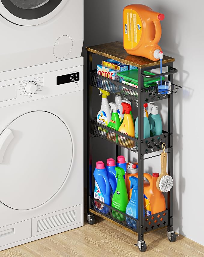 OKZEST Slim Laundry Room Organization Cart with Detergent Dispenser Holder | Holds tall bottles, Upgraded metal hub casters, 4-Tier space-saving narrow rolling cart, Premium wood & metal mesh shelves by OKZEST