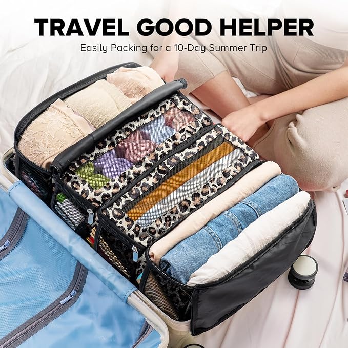Suitcase Organizer, Travel Luggage Organizer Hanging Shelves Packing Cube Closet/Collapsible Portable Travel Organizer for Carry-on, Medium, Leopard Print - Image 5