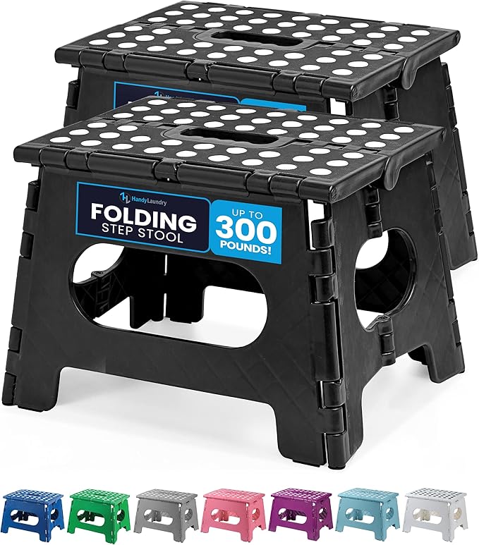 Handy Laundry Folding Step Stool 9 Inch 2-Pack, Black, Holds 300 lbs | 2-Pack, 9 Inch, Black, Foldable Collapsible Step Stool, Non-Slip, Holds 300 lbs, Kitchen Bathroom Bedroom, Adults by Handy+Laundry