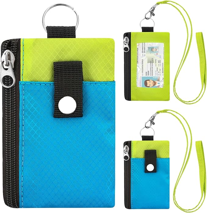 Minimalist RFID Blocking Wallet with 2 Zip Pockets and Lanyard, Water Resistant ID Case with Key Ring and Cards Badge Holder, Coin Purse Pouch for Men and Women Travel Sports -BU+GN by Unknown