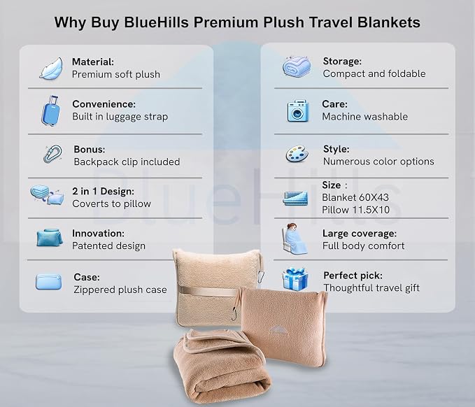 BlueHills Premium Soft Travel Blanket Pillow Airplane Throws Packable Beige | Ultra Soft Plush Travel 2 in 1 Blanket, Zipper Case with Hand Luggage Belt & Backpack Clip, Compact Portable Flight Throws - Image 2