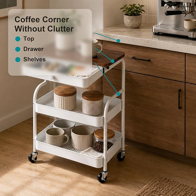 3 Tier Rolling Cart with Hidden Drawer and Wood Top, Small Space Storage Cart with Wheels, Coffee Station Organizer and Side Table Cart for Living Room, Bedroom, Kitchen, White - Image 8
