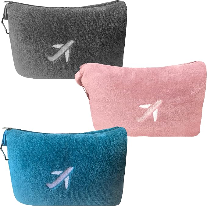 BlueHills Premium Soft Mini Plush Travel Blanket Value Pack Set of 3 - Airplane Travel Essential Flight Blanket Throw in a case Compact Car Plane Travel Gift – Gray, Teal Blue and Pink by BlueHills