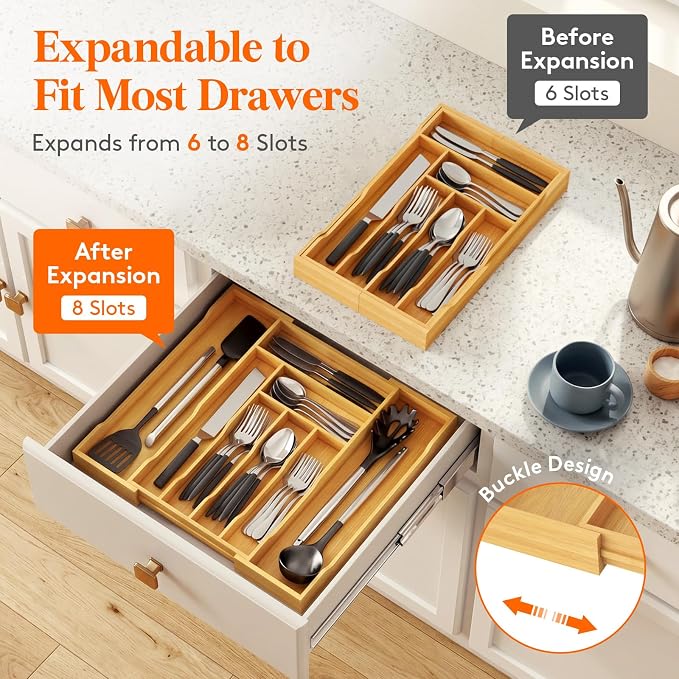 Lifewit Silverware Drawer Organizer, Wooden Utensil Tray for Kitchen | Expandable Flatware and Cutlery Holder, Adjustable Storage for Spoons Forks Knives, 10.2-18.1 x 16.7", Natural - Image 7