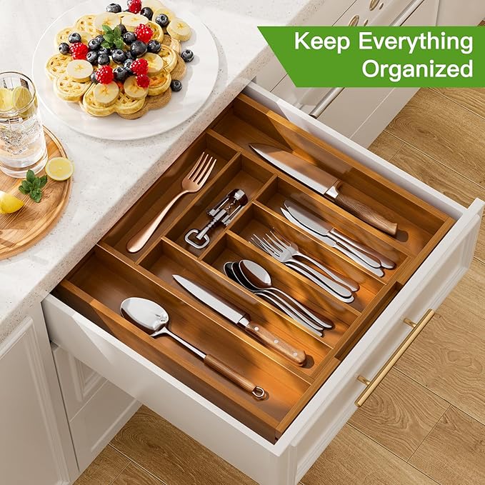 Pipishell Bamboo Expandable Drawer Organizer for Utensils Holder, Adjustable Silverware Organizer Cutlery Tray, Drawer Dividers for Utensils, Flatware, Knives in Kitchen, Bedroom, Living Room(M-Brown) - Image 3