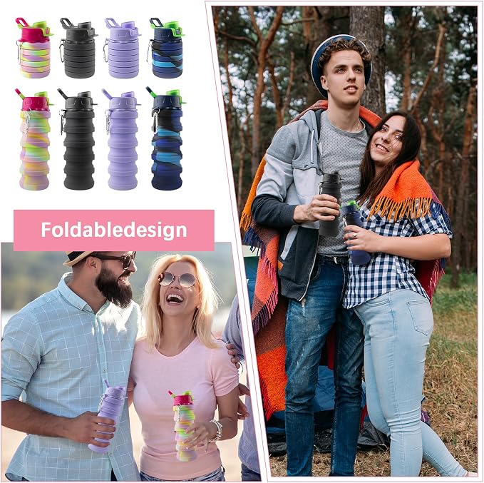 4 Pcs Collapsible Water Bottles 16 oz Portable Foldable Water Bottles Silicone Leak Proof Travel Water Bottle Reusable Sports Water Bottle with Metal Clip for Camping Hiking Travel - Image 4