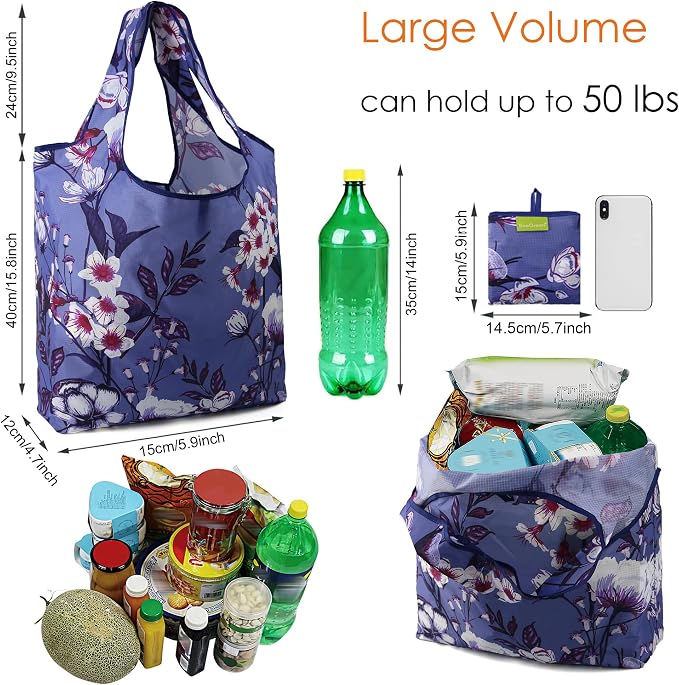 BeeGreen Flower Reusable Shopping Bags Cute Grocery Bag 6 Pack, Christmas Gift Bags Heavy-Duty Foldable Shopping Totes for Supermarket, Work & Travel, Large Washable Polyester Tote Bag with Handles - Image 3