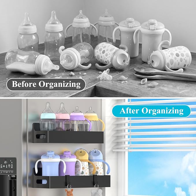 2 Pack Magnetic Spice Rack for Refrigerator Upgrade Black | Magnetic Cup Holder for Fridge, Magnetic Fridge Shelf with Hooks, Kids Sippy Cup Holder Kitchen - Image 2