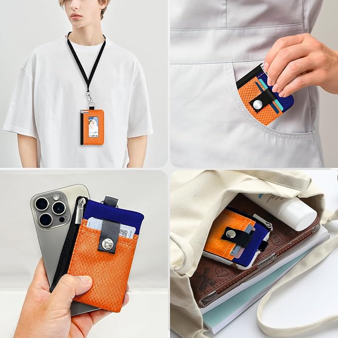 Minimalist RFID Blocking Small Wallet with ID Window,WaterResistant Zip Id Case Wallet with Lanyard Keychain for Cards,Cash,Travel,Women,Men (Orange/Sapphire Blue) - Image 9