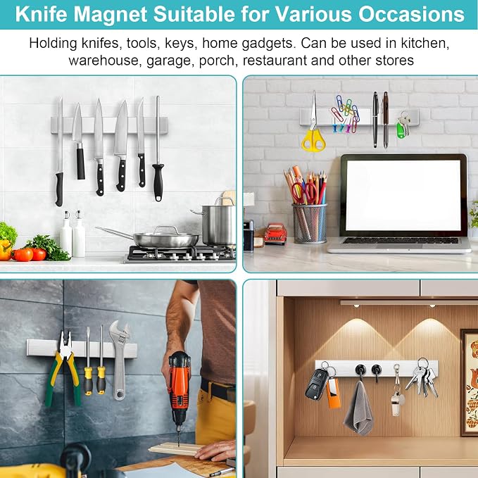 Magnetic Knife Holder for Wall, No Drilling Magnetic Knife Strip Adhesive Knife Holder Magnet Knife Bar, Wall Mount Knife Rack Block Metal Tool Holder for Utensils RV Kitchen Organization, 12 Inch - Image 5