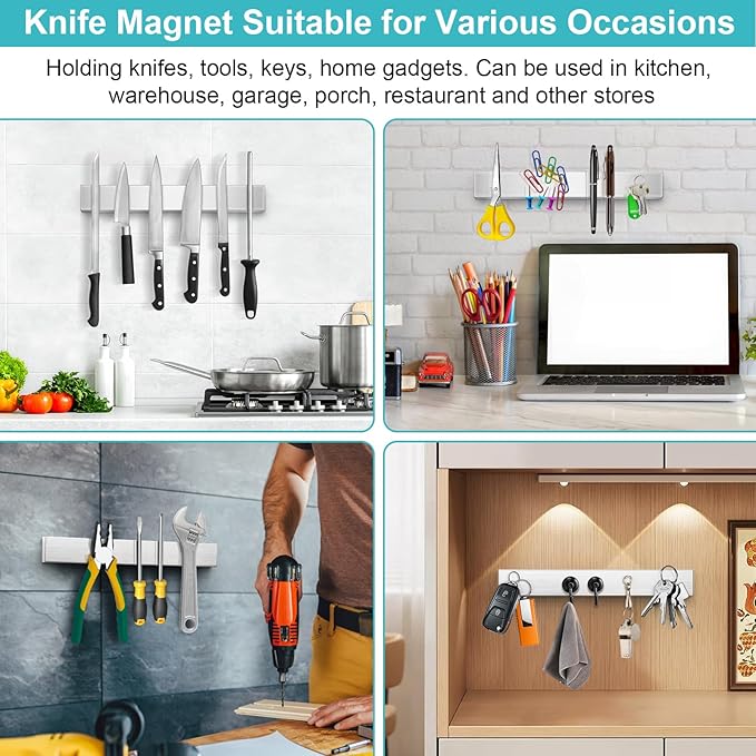 Magnetic Knife Holder for Wall, No Drilling Magnetic Knife Strip Adhesive Knife Holder Magnet Knife Bar, Wall Mount Knife Rack Block Metal Tool Holder for Utensils RV Kitchen Organization, 14 Inch - Image 5