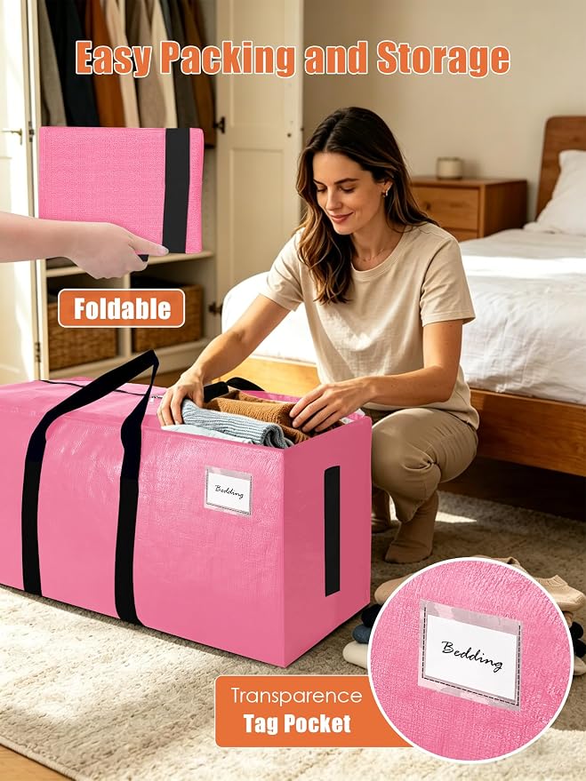 SWEET DOLPHIN 12 Pack 200LB Heavy-Duty Moving Bags with Wrap-Around Handles, Extra Large Storage Totes for Space Saving, Clothes Storage Bags, College Dorm Essentials, Pink, 24 Gal - Image 3