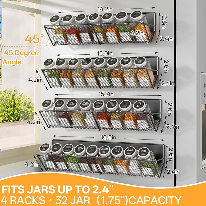 DTUQYX Magnetic Spice Rack 4-Pack for 32 Spices Jars, 14-16.5 inch Long Strong Magnetic Shelves, Space Saving Spice Organizer 45° Tilt for Refrigerator, No Drilling Home Kitchen Storage Shef - Image 2