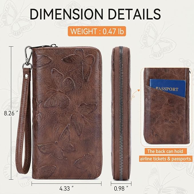 BELTANA Womens Wallet RFID Wallet Women with Passport Holder Butterfly Vegan Leather Multi Card Slots Wallets Large Capacity Wristlet Travel Purse for Women (Coffee) - Image 3