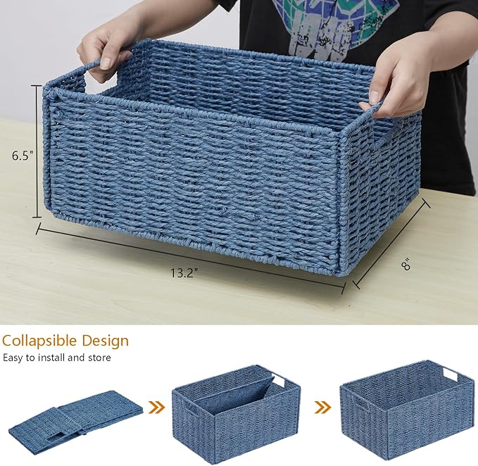 Wicker Storage Basket, Set of 2 Hand-Woven Paper Rope Wicker Basket, Small Storage Baskets for Organizing Toilet Paper, Foldable Large Cube Storage Organizer Bins for Shelves (Blue) - Image 2