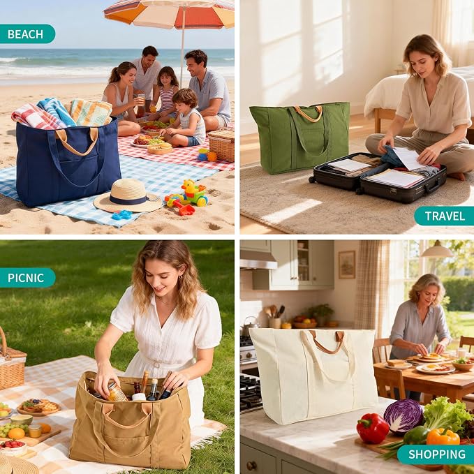 20" 12 Gal Extra Large Canvas Travel Tote Bag with Zipper | Oversized foldable lightweight tote, dual handles, big weekender carry tote for travel, shopping, overnight trip - Image 2