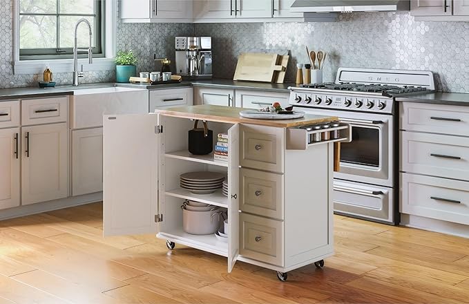Homestyles Dolly Madison Off-White Mobile Kitchen Island Cart with Wood Drop Leaf Breakfast Bar - Image 3