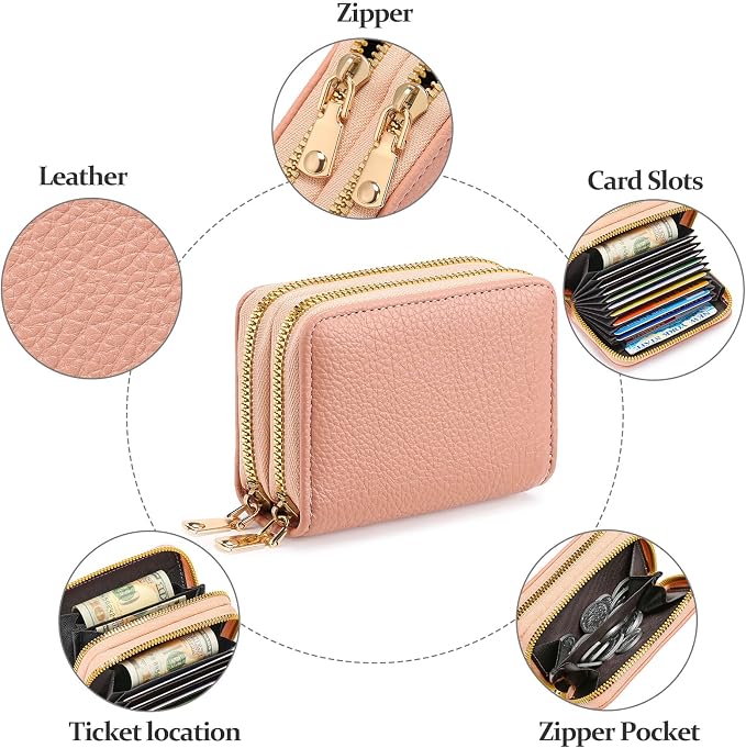 Credit Card Holder for Women Double Zipper Small Leather Card Case Wallet - Image 5