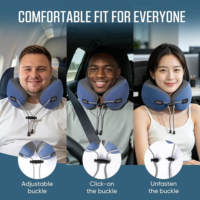 Premium Travel Neck Pillow Cooling Ice Silk Memory Foam Cervical Pillow for Airplane & Long Flights, Ergonomic Neck Support for Sleeping & Pain Relief, Washable Cover, Compact Carry Case (Blue) - Image 2