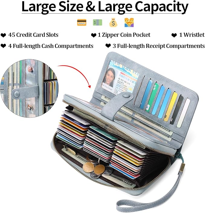GAEKEAO Leather Credit Card Holder Wallet for Women RFID Blocking Large Capacity Bifold Zipper Card Case Organizer with Wristlet 45 Slots - Image 2