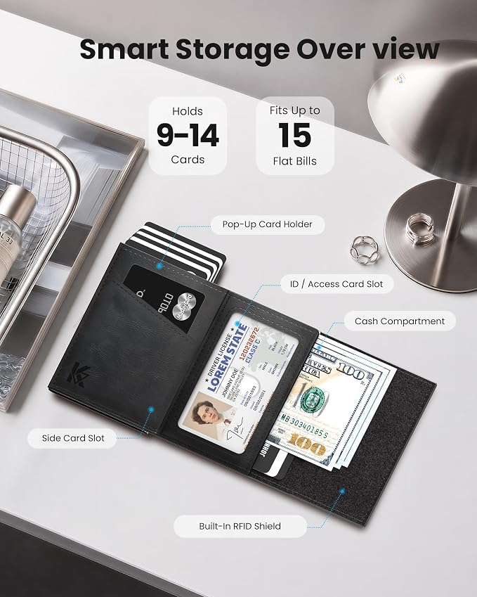 Wallet for Men: Slim Minimalist Pop-Up Card Holder with RFID Blocking, ID Window and Cash Slot, Front Pocket Design, Black - Image 4