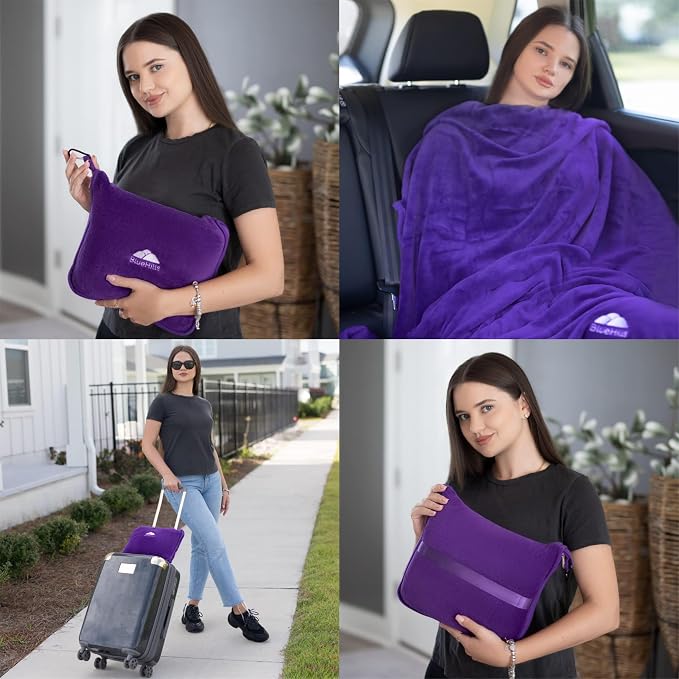 BlueHills Premium Soft Travel Blanket Plush Airplane Long Flights - Purple | Plane Travel Throw Blanket/Pillow, Luggage Strap, Carabiner, Large Compact & Portable, Long Flight Essentials, Travel Gifts - Image 3