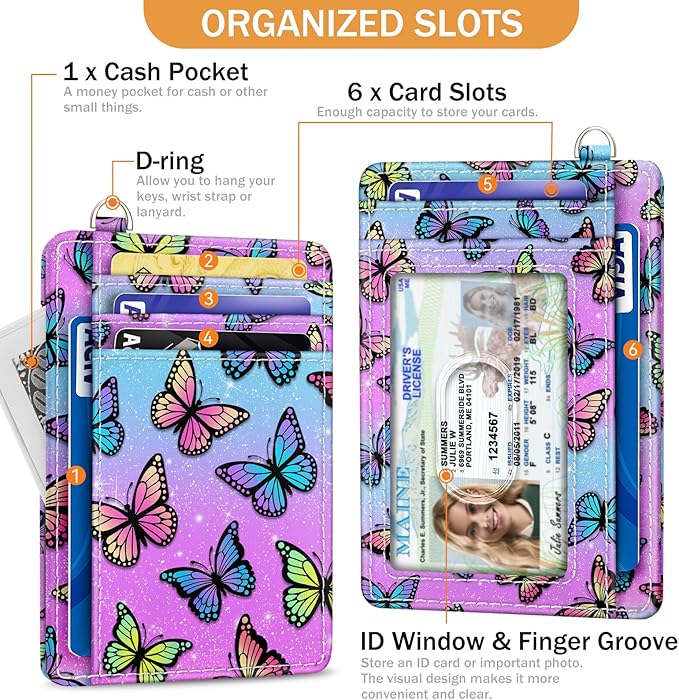 Yonlevres Butterfly Credit Card Holder Slim RFID Wallet Women Small Travel | Front Pocket, Handy, RFID Blocking, Woman Girls Ladies Gifts, D-ring for Keychain,Thin Mini Card Case, ID Window, PU Leather - Image 4