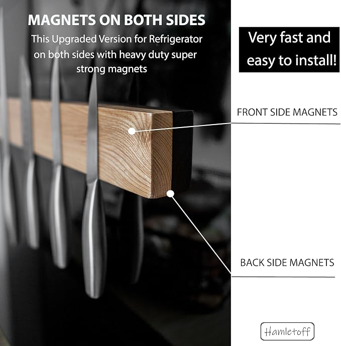 Premium Wood Magnetic Knife Holder for Refrigerator – 15 Inch Professional Double Sided Magnetic Knife Strip for Fridge - Ash Wooden Magnetic Knife Holder for Wall - Image 2