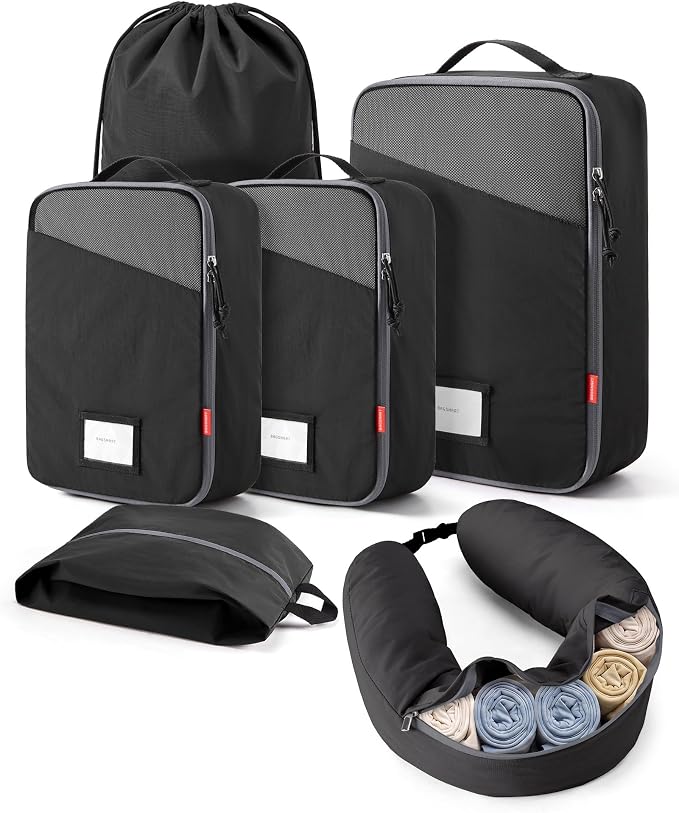 BAGSMART Compression Packing Cubes with Fillable Neck Pillow for Clothes | 1 Wearable Neck Pillow & 5 Travel Bags to Avoid Baggage Fees, Durable, Tear Resistant Washable Taslan Fabric with Card Slots by BAGSMART