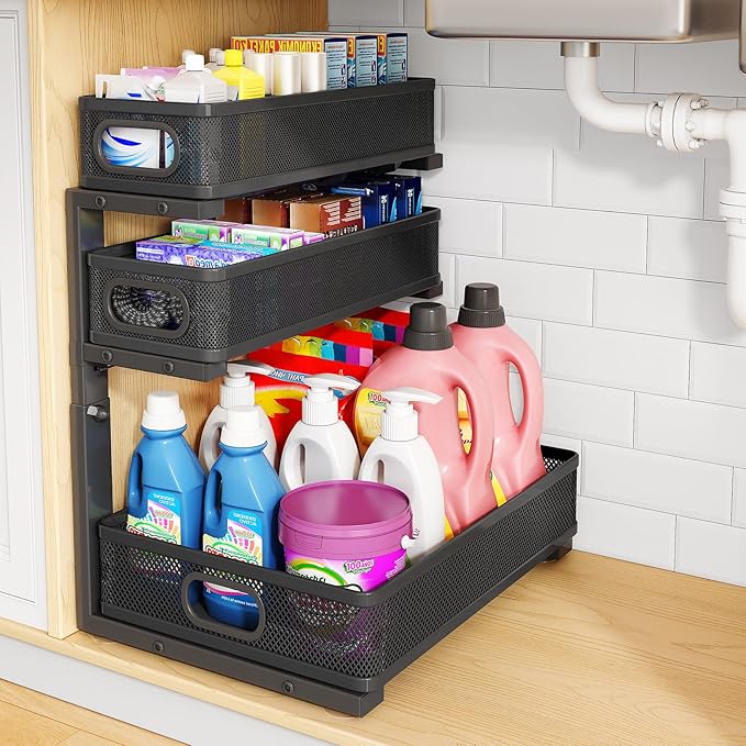 Under Sink Organizer, 3-Tier Thickened Metal Pull out Cabinet Organizer Shelf, Height Adjustable Slide out Storage Drawer Rack for Kitchen Bathroom Pantry Laundry Home Organization, 1-Pack, Black | 35% Extra Storage Capacity, Carbon Steel, Hold Up 55lb... by HERJOY