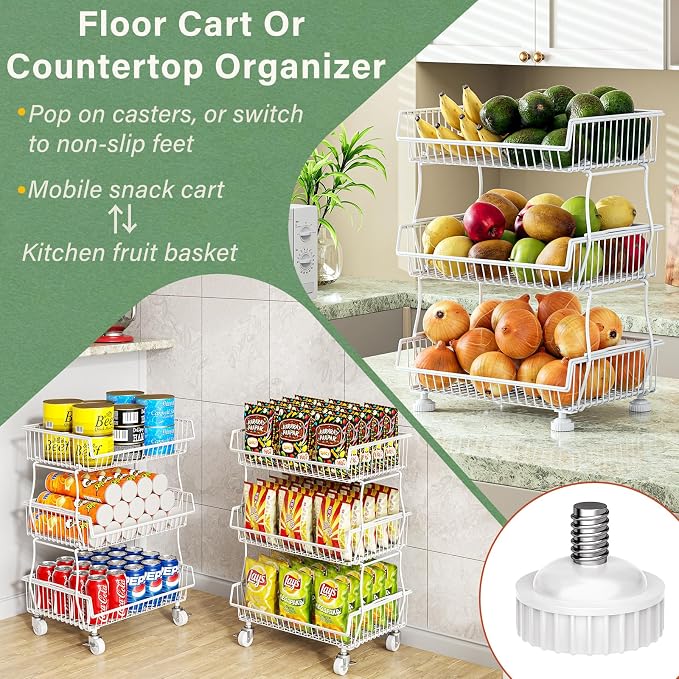 OKZEST Pantry Organizers and Storage Cart with Upgraded Metal Hub Casters | Fits under pantry shelf, Stackable fine-mesh wire baskets, 3-Tier rolling cart holds drink, snack, can, potato, onion, fruit - Image 4