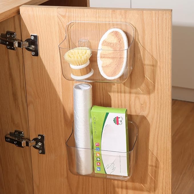 2 Pack Adhesive Cabinet Door Organizer, Compact Kitchen Under Sink Organizer, Clear Lid Storage Container for Pantry Shelves, Wall Mounted Bathroom Shower Caddy Hanging Closet Organizer - Image 9