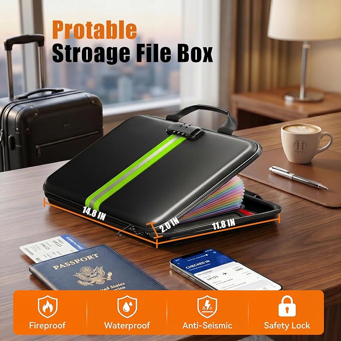 Fireproof Document Organizer with Lock, Rigid EVA File Box with 13-Pocket Accordion Folder for Important Documents & Tablets under 11", Lightweight Safe Storage for Home, Office & Travel (Small Size) - Image 6