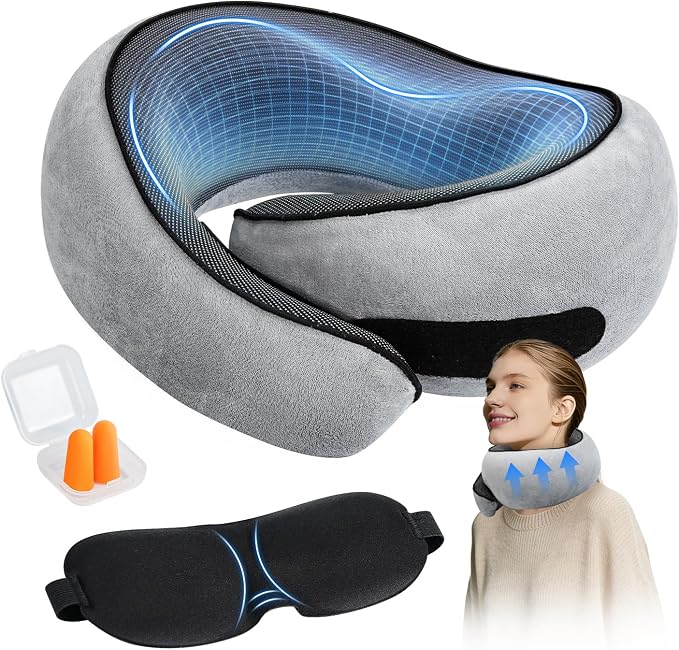 Travel Neck Pillow for Airplane with Eye Mask and Ear Plugs for Sleeping | Head and Chin Support, Ergonomic Memory Foam with Silky-Smooth Washable Cover for Flights, Road Trips & Office Naps by SYNNADIRECT