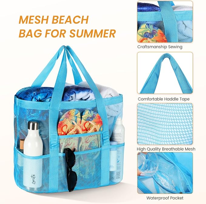 Tavaleu Mesh Beach Bag, Large Capacity Beach Tote, Multi Pockets, Sandproof | Mesh Material, Multiple Storage Pockets, Lightweight & Foldable Design, For Beach & Pool Use, Easy to Clean & Quick Dry - Image 4