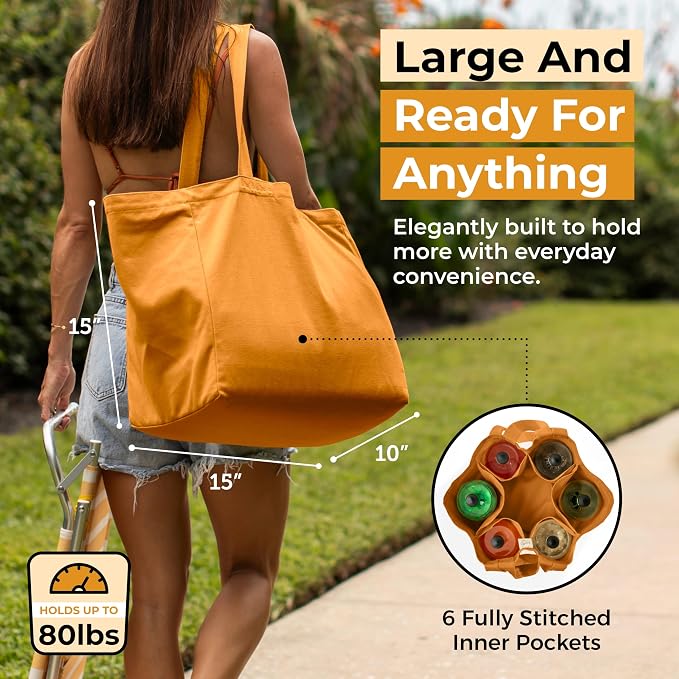 VeraMia Canvas Grocery Bag 3pc XL Set with Real Pockets, Long Shoulder Strap and Short Handle. Heavy Duty, Foldable, Washable - Image 2