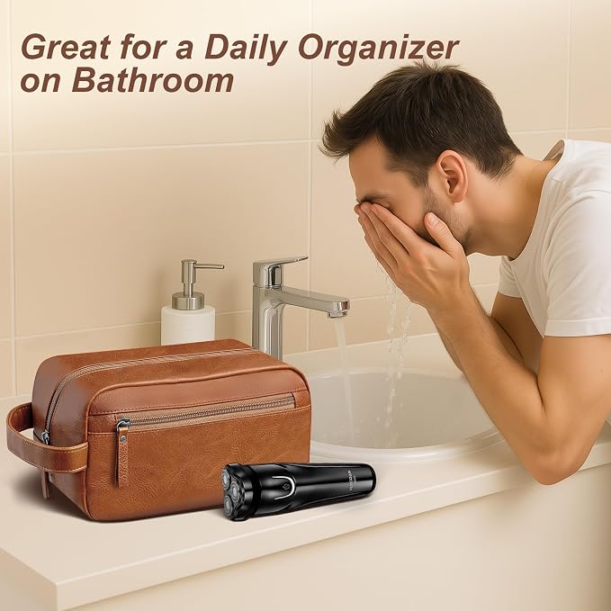 Travel Toiletry Bag for Men and Women, Travel Shaving Dopp Kit Water-resistant Bathroom Toiletries Organizer PU Leather Cosmetic Bags (Dark Brown) - Image 6