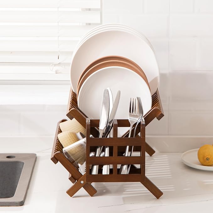 HBlife Dish Rack,Teak Folding 2-Tier Collapsible Drainer Dish Drying Rack with Utensils Flatware Holder Set (Dish Rack with Utensil Holder) - Image 6