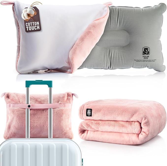 Travel Blanket and Pillow Set — Airplane Blanket with Inflatable Pillow and Cotton Case, Compact Travel Blanket with Back-Neck Snaps for Long Flights by MasterManner
