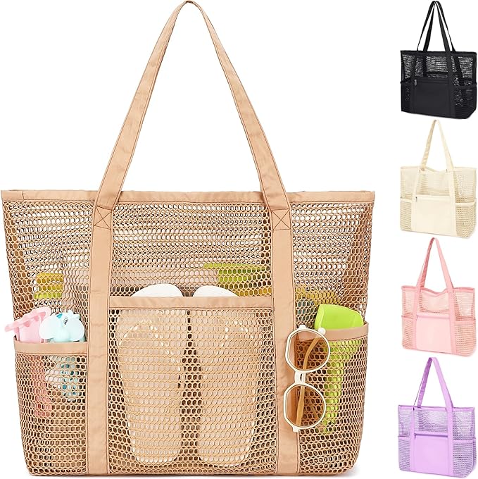Fammart Mesh Beach Bag for Women, Summer Straw Tote Hobo Pool Bags with Zipper Pocket, Travel Vacation Cruise Essentials 2026 by Fammart