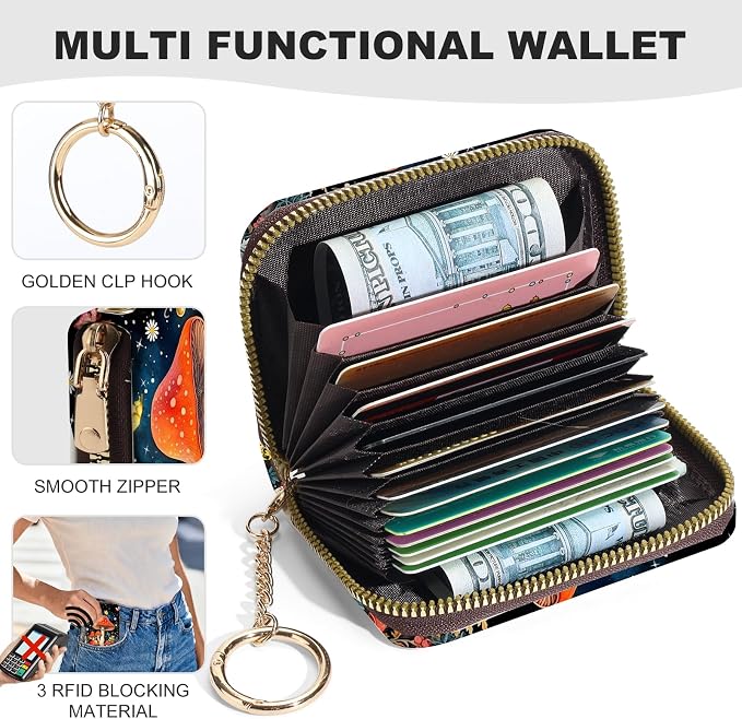 Credit Card Holder for Women,Small Rfid Wallet with Keychain Zipper,Cute PU Leather Card Case Wallet，Accordion Credit Card Wallets Gift,Moon Mushroom - Image 2