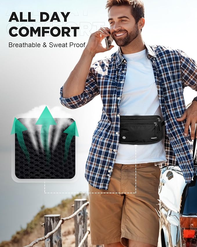 VULKIT Money Belt for Travel, Hidden Passport Holder, Anti-Theft Travel Wallet Under Clothes, RFID Blocking Waist Pouch, Undercover Fanny Pack, Carbon Black - Image 6