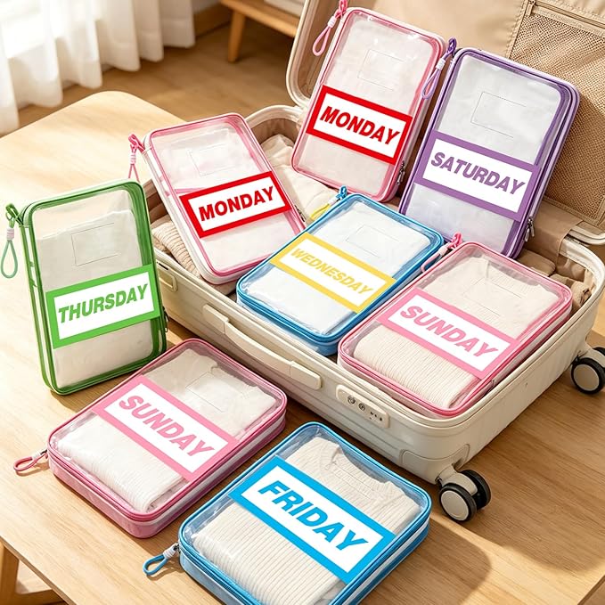 7 Pack Clear Packing Cubes for Travel Days of Week Packing Cubes with Labels Colored Lanyards Luggage Organizer Bags for Travel Summer Camping Essentials - Image 3