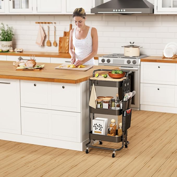 DTK 3 Tier Metal Utility Rolling Cart with Table Top and Side Bags, Tray Storage Organizer Wheels, Art Craft 4 Hooks for Kitchen Bathroom Office Living Room (Black) - Image 8