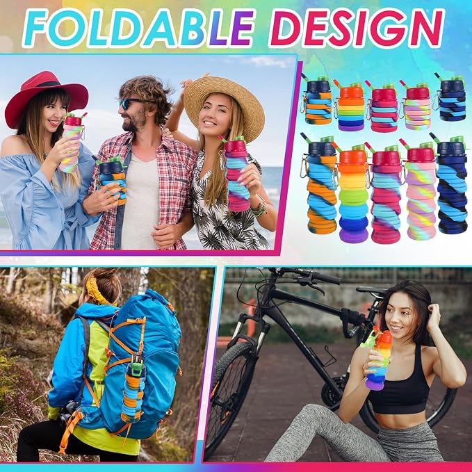 5 Pack Collapsible Water Bottles 17 oz Silicone Portable Lightweight Foldable Water Bottle with Carabiner Leakproof Reusable for Travel Camping Hiking Cycling Sport Outdoor(Rainbow) - Image 6