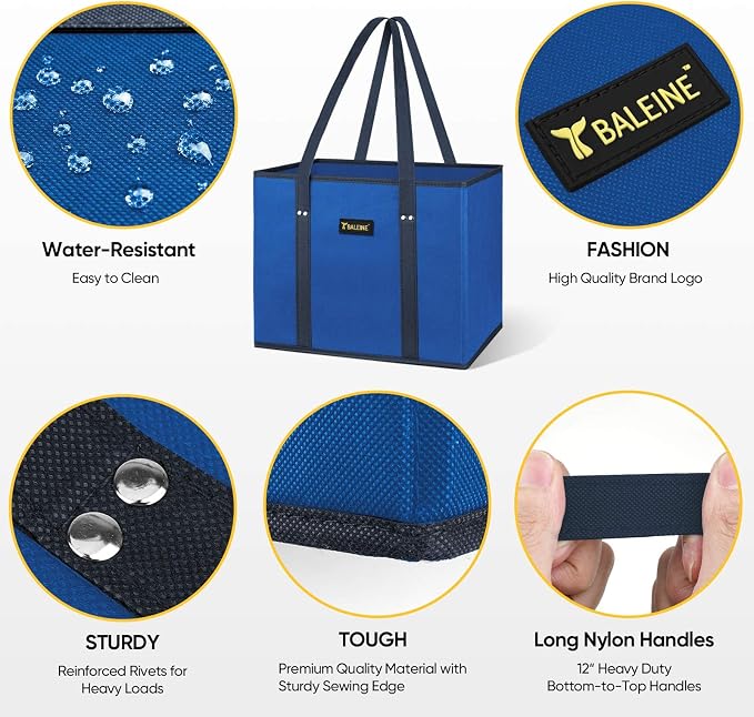BALEINE 3PK Reusable Grocery Bags, Heavy Duty Shopping Tote Bag | 12'' Long Handles, Reinforced Bottom Keeps Upright, Fold Flat Storage, Water-Resistant Shopping Bag, Multiple Color Options - Image 5