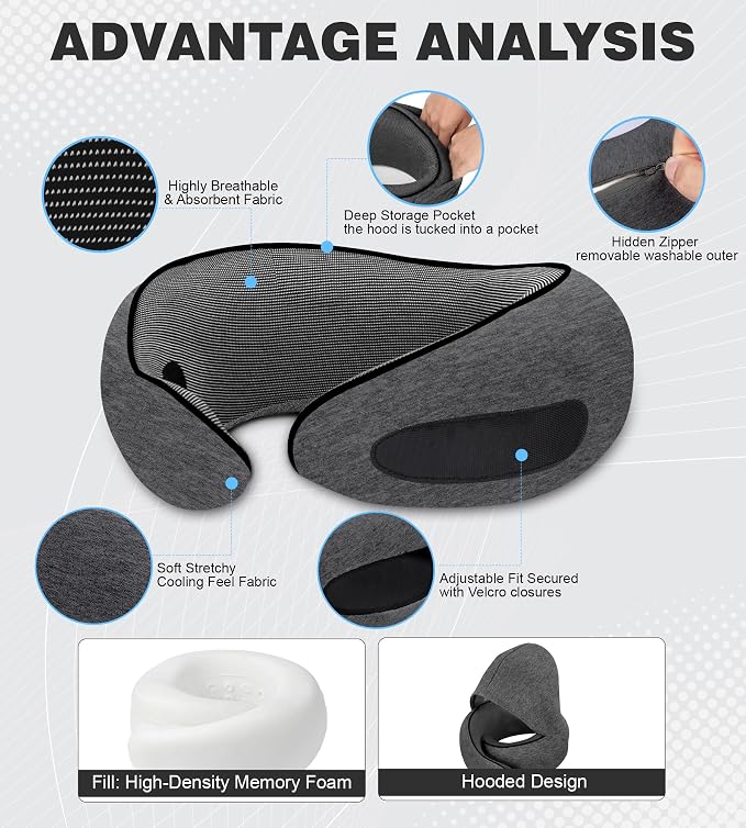 Travel Neck Pillow, Newly Upgraded Hooded Neck Pillow, 100% Pure Memory Foam Travel Pillow for Flight Headrest Sleep,Portable Aircraft Accessory,Suitable for use in Plane/Car/Office(Grey) - Image 3